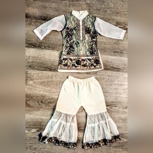 Embellished Ivory Sage Brown Girls  Party 2 Pc Outfit, Lace, Embroidery, Sequins